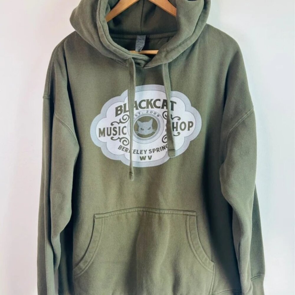 💥Sale! Black Cat Music Shop Khaki Green Heavyweight Hoodie | Size XL